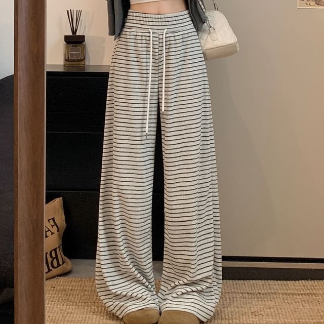 Trendycas-Drawstring Waist Striped Baggy Pants