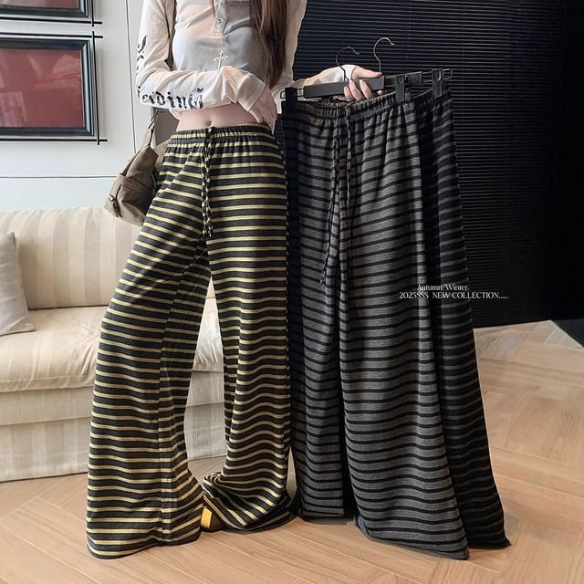 Trendycas-Drawstring Waist Striped Wide Leg Pants