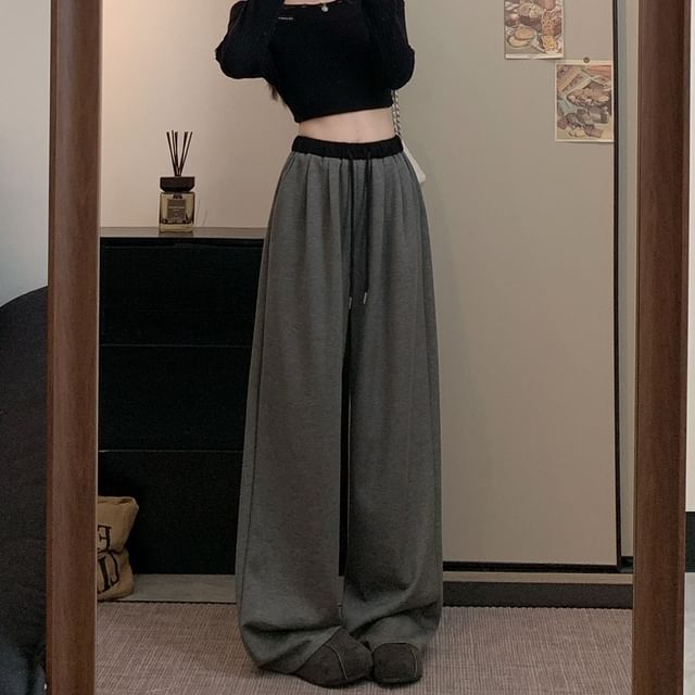 Trendycas-Drawstring Waist Two Tone Baggy Pants