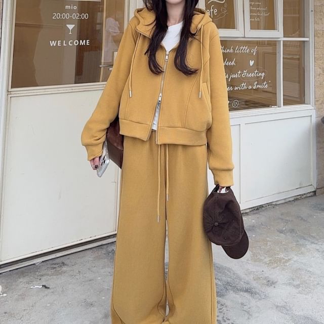 Trendycas-Drop Shoulder Plain Zip Hoodie Drawstring Waist Plain Wide Leg Sweatpants