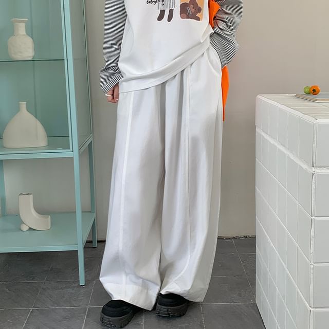 Trendycas-Elastic Waist Plain Baggy Pants