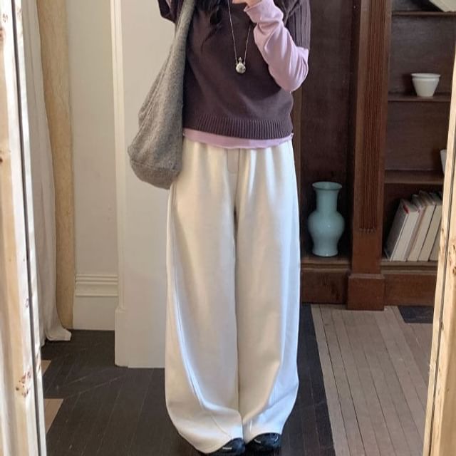 Trendycas-Elastic Waist Plain Wide Leg Sweatpants