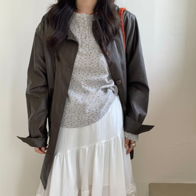 Trendycas-Faux Leather Collared Button-Up Jacket