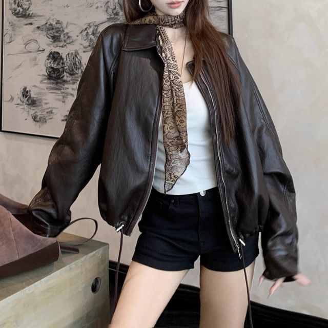 Trendycas-Faux Leather Collared Zip-Up Jacket