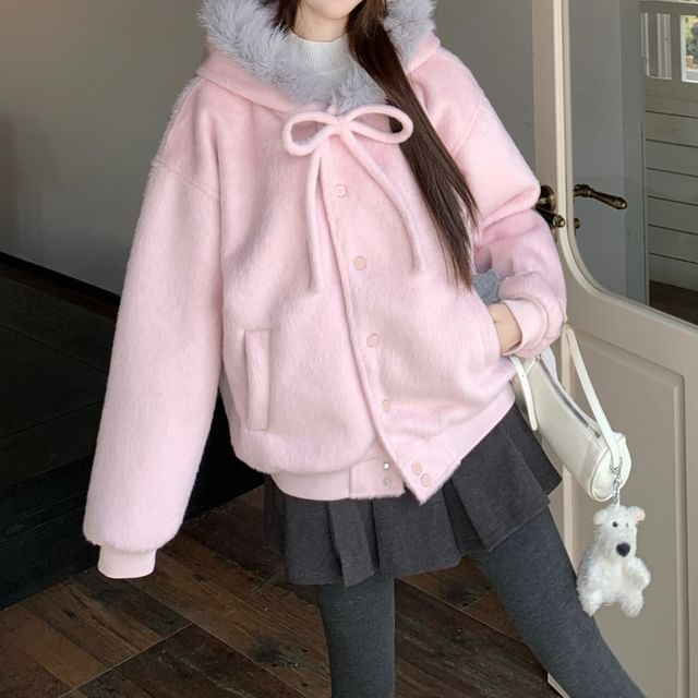 Trendycas-Fluffy Hooded Plain Button Up Jacket