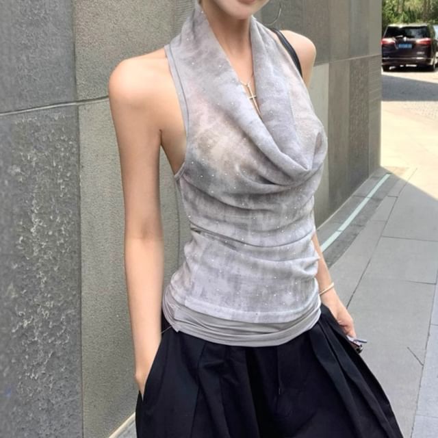 Trendycas-Halter Cowl Neck Tie Dye Top