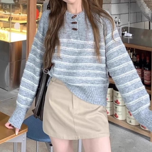 Trendycas-Henley Striped Toggle Sweater