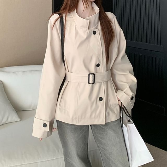 Trendycas-High Neck Button-Up Trench Coat