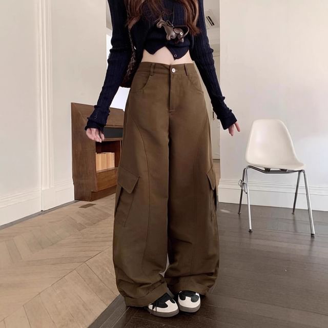 Trendycas-High Rise Plain Baggy Cargo Pants