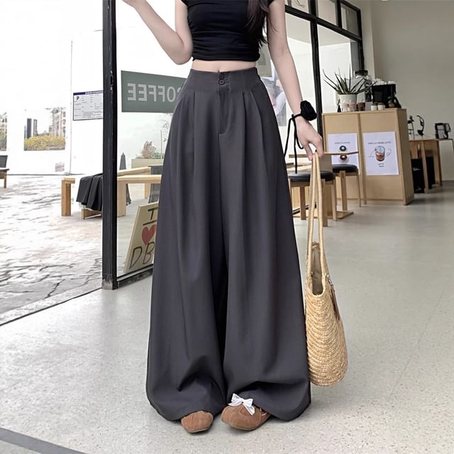 Trendycas-High Rise Plain Baggy Slacks