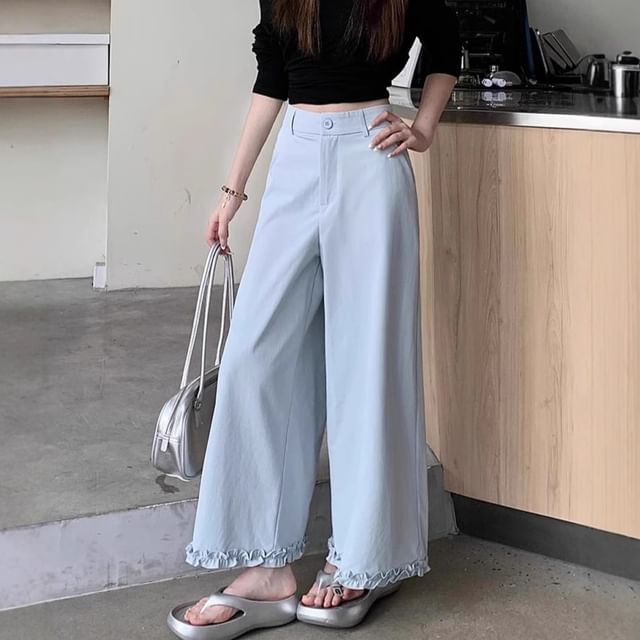 Trendycas - High Rise Plain Ruffle Trim Wide Leg Pants | YesStyle