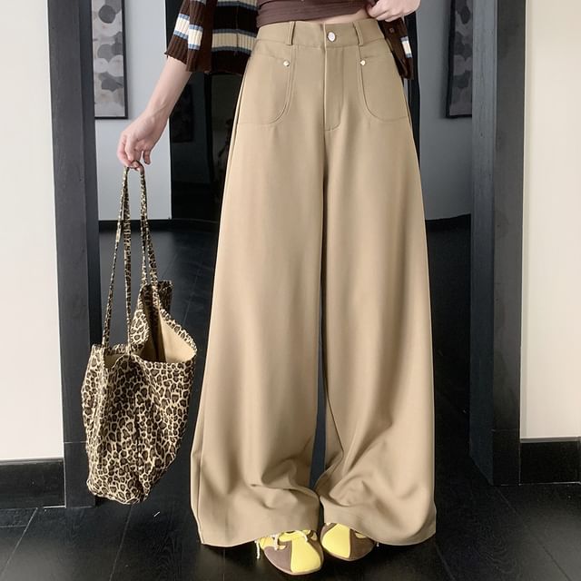 Trendycas-High Rise Plain Wide Leg Slacks