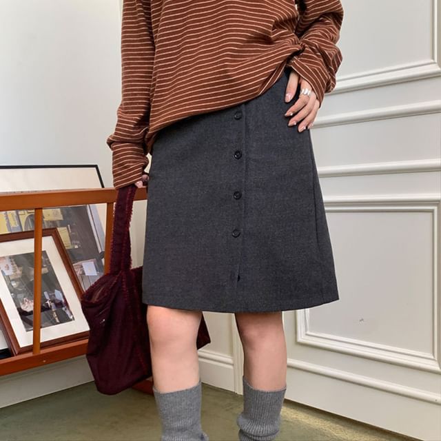 Trendycas-High Waist Button-Up Plain A-Line Skirt