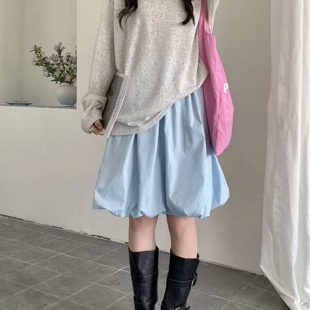 Trendycas-High Waist Plain Bubble Hem A-Line Skirt
