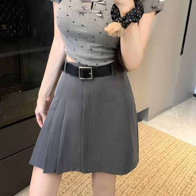 Trendycas-High Waist Plain Mini Pleated Skirt