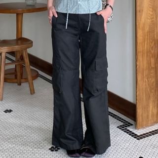 Trendycas-High Waist Plain Wide Leg Cargo Pants