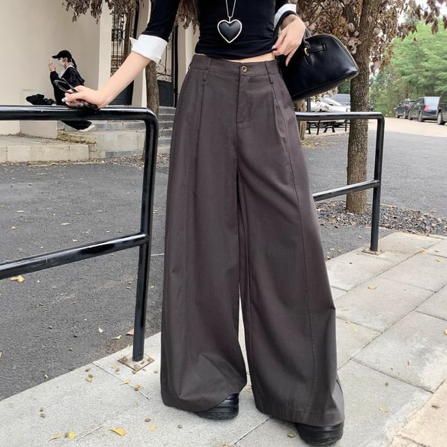 Trendycas-High Waist Plain Wide Leg Pants