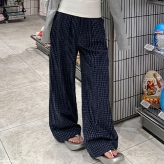 Trendycas-High Waist Windowpane Baggy Pants