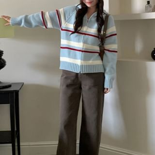 Trendycas-Hooded Drop Shoulder Striped Zip Cardigan