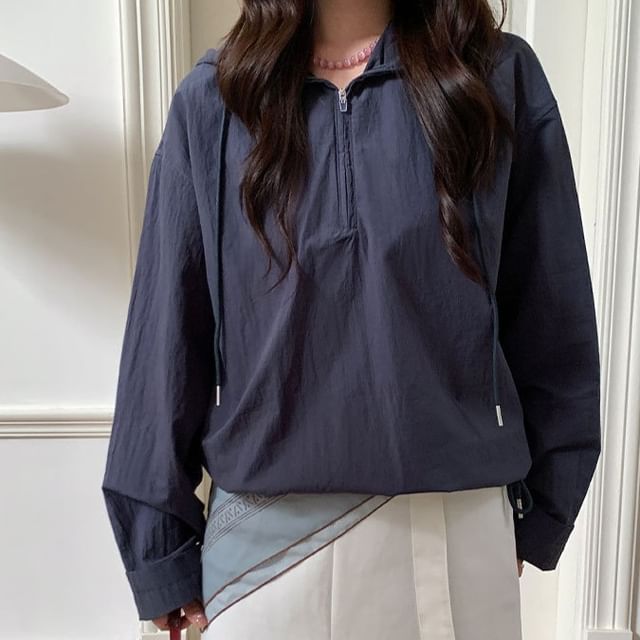 Trendycas-Hooded Half Zip Plain Jacket