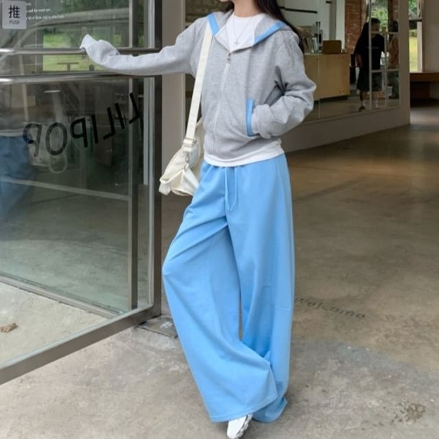 Trendycas-Hooded Plain Zip Jacket Drawstring Waist Plain Baggy Sweatpants