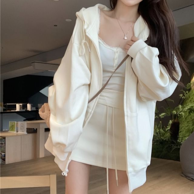 Trendycas-Hooded Plain Zip-Up Jacket Mini Skirt
