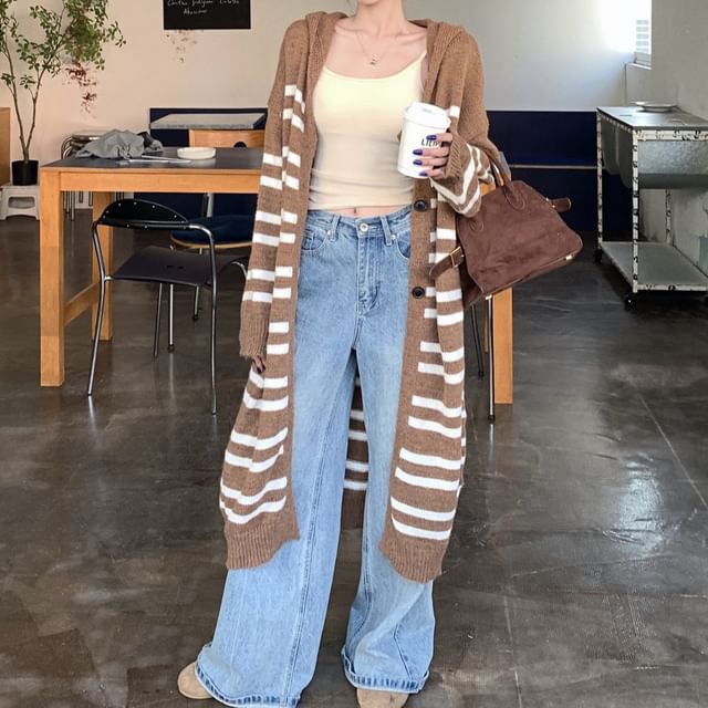 Trendycas-Hooded Striped Long Cardigan