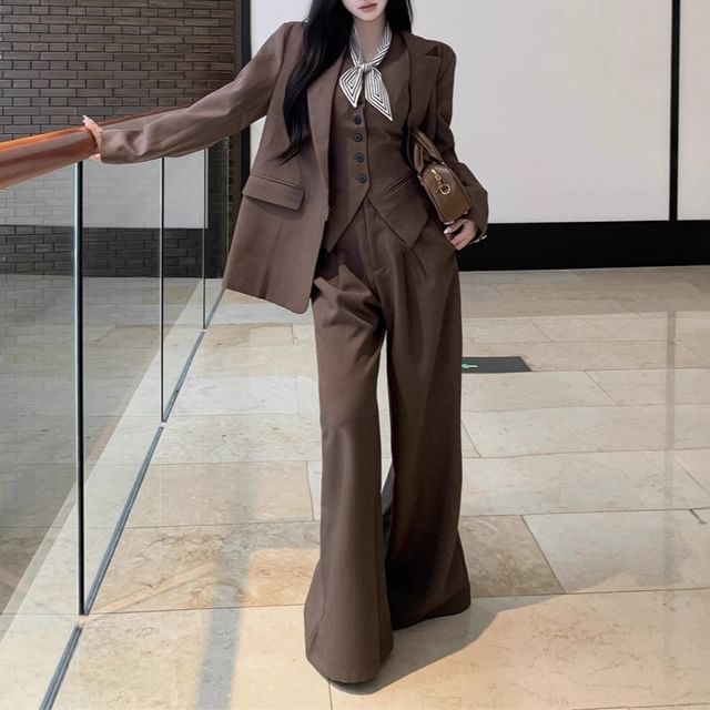 Trendycas-Lapel Collar Plain Single Breasted Blazer Single Breasted Vest High Rise Plain Wide Leg Pants Light Scarf