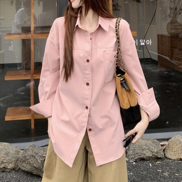 Trendycas-Long-Sleeve Button-Up Plain Shirt