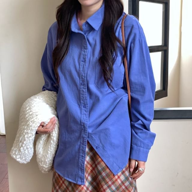 Trendycas-Long-Sleeve Button-Up Plain Shirt