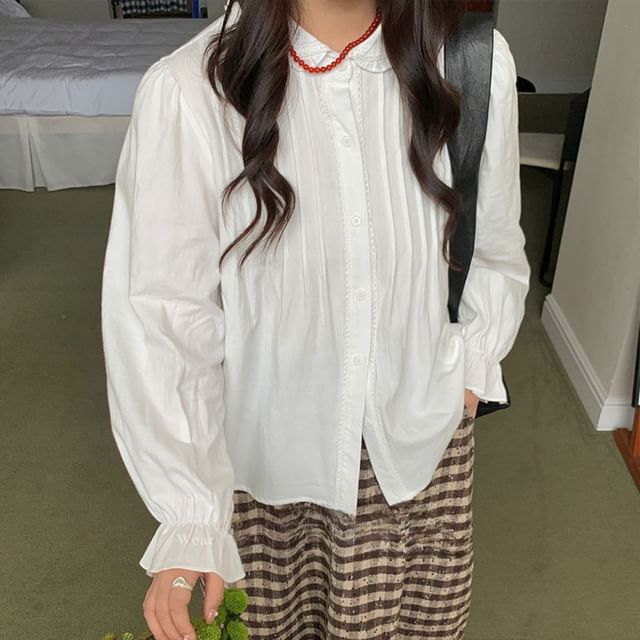 Trendycas-Long-Sleeve Button-Up Plain Shirt