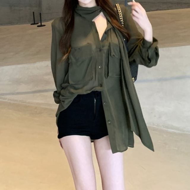 Trendycas-Long-Sleeve Chiffon Plain Shirt