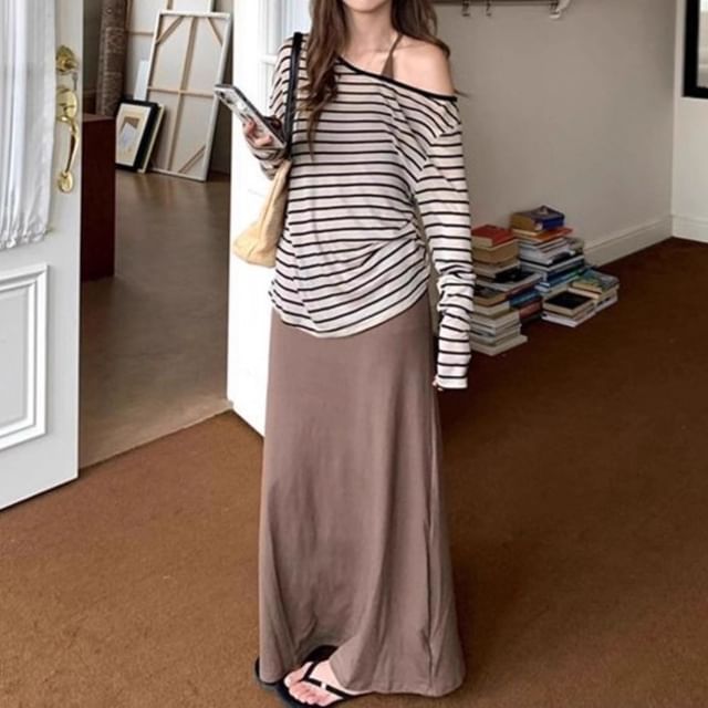 Trendycas-Long-Sleeve Cold Shoulder Striped Tee Spaghetti Strap Plain Maxi A-Line Dress