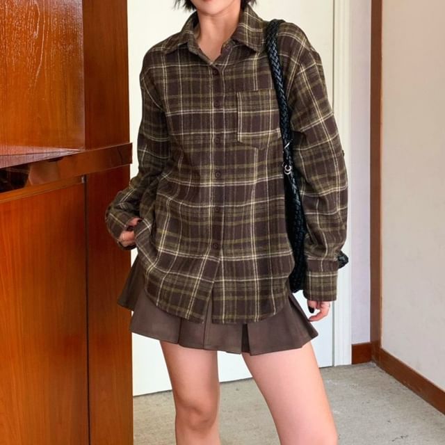 Trendycas-Long-Sleeve Collared Plaid Button Up Shirt