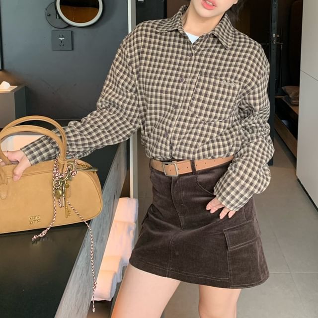 Trendycas-Long Sleeve Collared Plaid Shirt