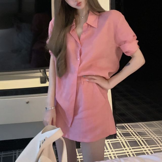 Trendycas-Long-Sleeve Collared Plain Button Up Shirt High Waist Plain Wide Leg Shorts