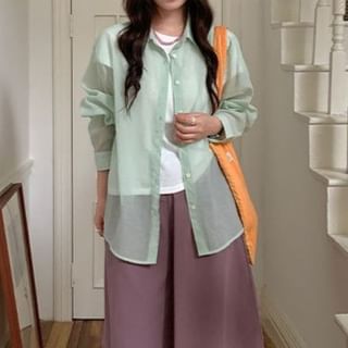 Trendycas-Long-Sleeve Collared Plain Button Up Shirt