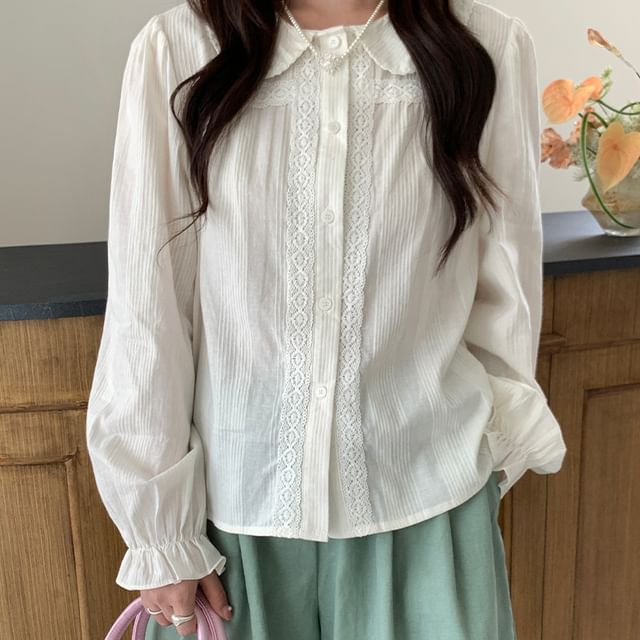 Trendycas-Long Sleeve Collared Plain Panel Lace Blouse