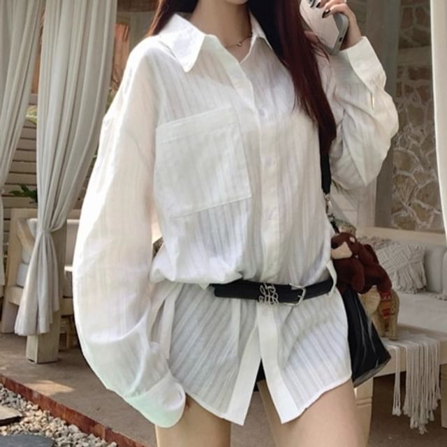 Trendycas-Long Sleeve Collared Plain Shirt
