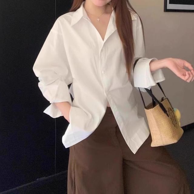 Trendycas-Long Sleeve Collared Plain Shirt