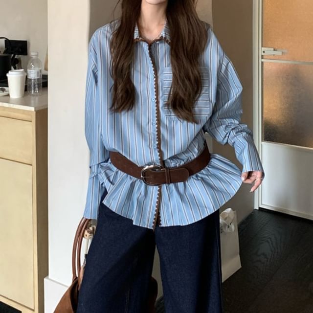 Trendycas-Long Sleeve Collared Striped Ruffle Shirt