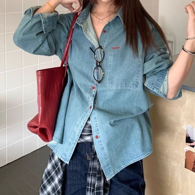Trendycas-Long Sleeve Collared Washed Denim Shirt