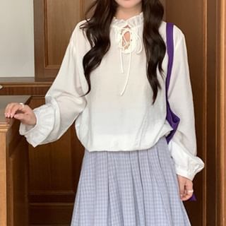 Trendycas-Long-Sleeve Frill Trim Plain Blouse