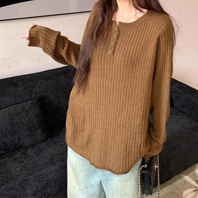 Trendycas-Long-Sleeve Henley Plain Knit Top