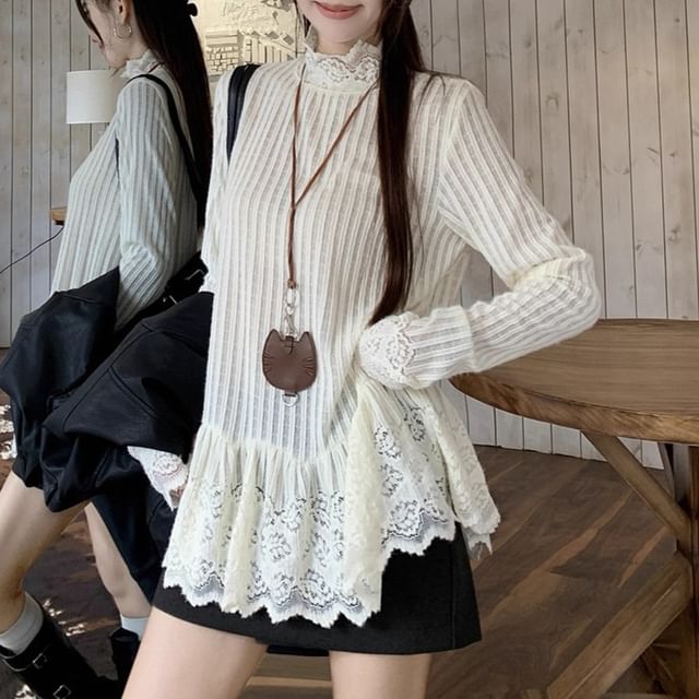 Trendycas-Long Sleeve Mock Neck Plain Ruffle Panel Lace Top