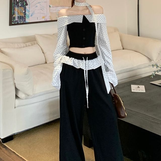 Trendycas-Long-Sleeve Off-Shoulder Dotted Panel Cropped Blouse Drawstring Waist Ruffle Trim Wide Leg Pants Skinny Scarf Set