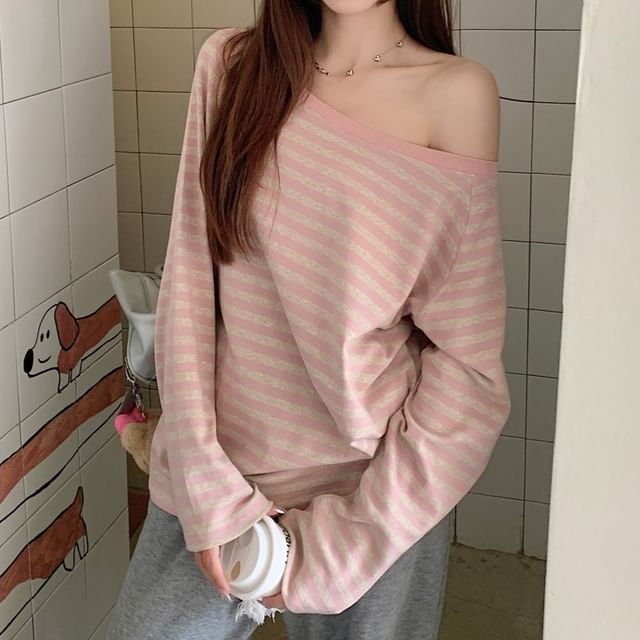 Trendycas-Long-Sleeve Off Shoulder Striped Tee