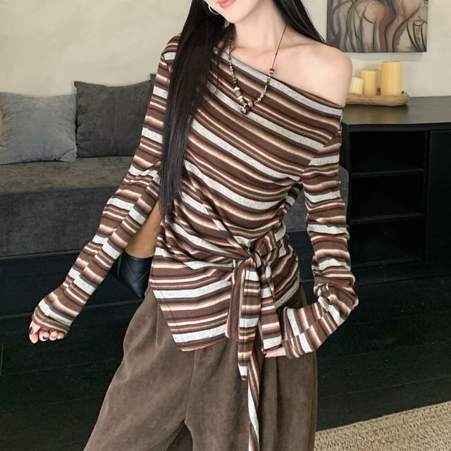 Trendycas-Long-Sleeve Off Shoulder Striped Top