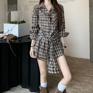 Trendycas-Long-Sleeve Plaid Sashed Long Shirt