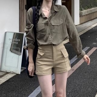Trendycas-Long-Sleeve Plain Shirt Shorts